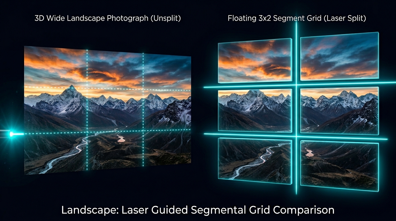 Wide landscape photograph being surgically split into perfect grid tiles by neon laser guides on img.ubify